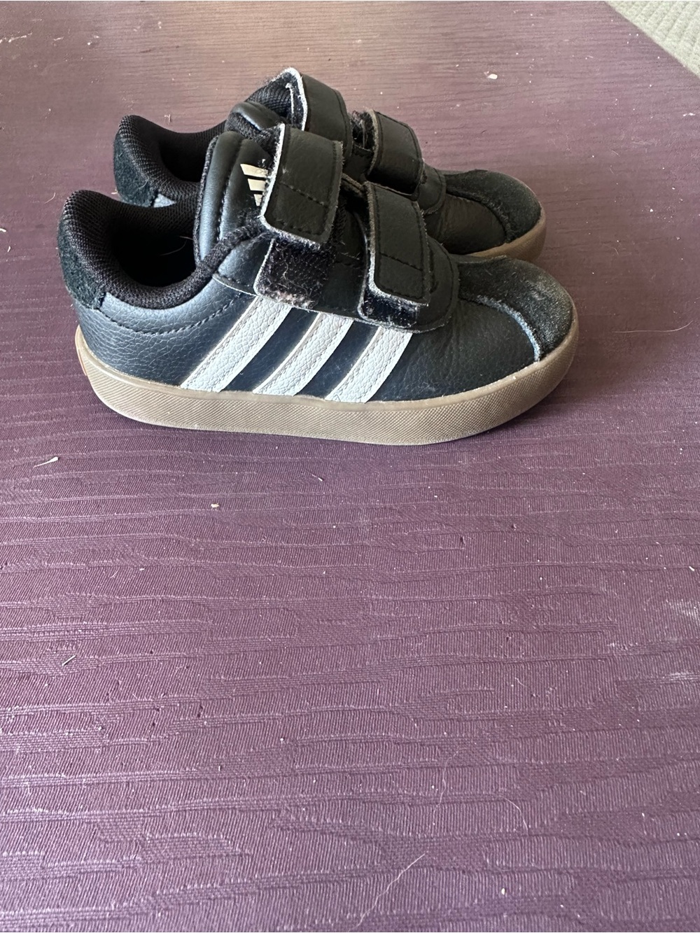 adidas Kids Black Velcro Sneakers with White Stripes and Brown Sole